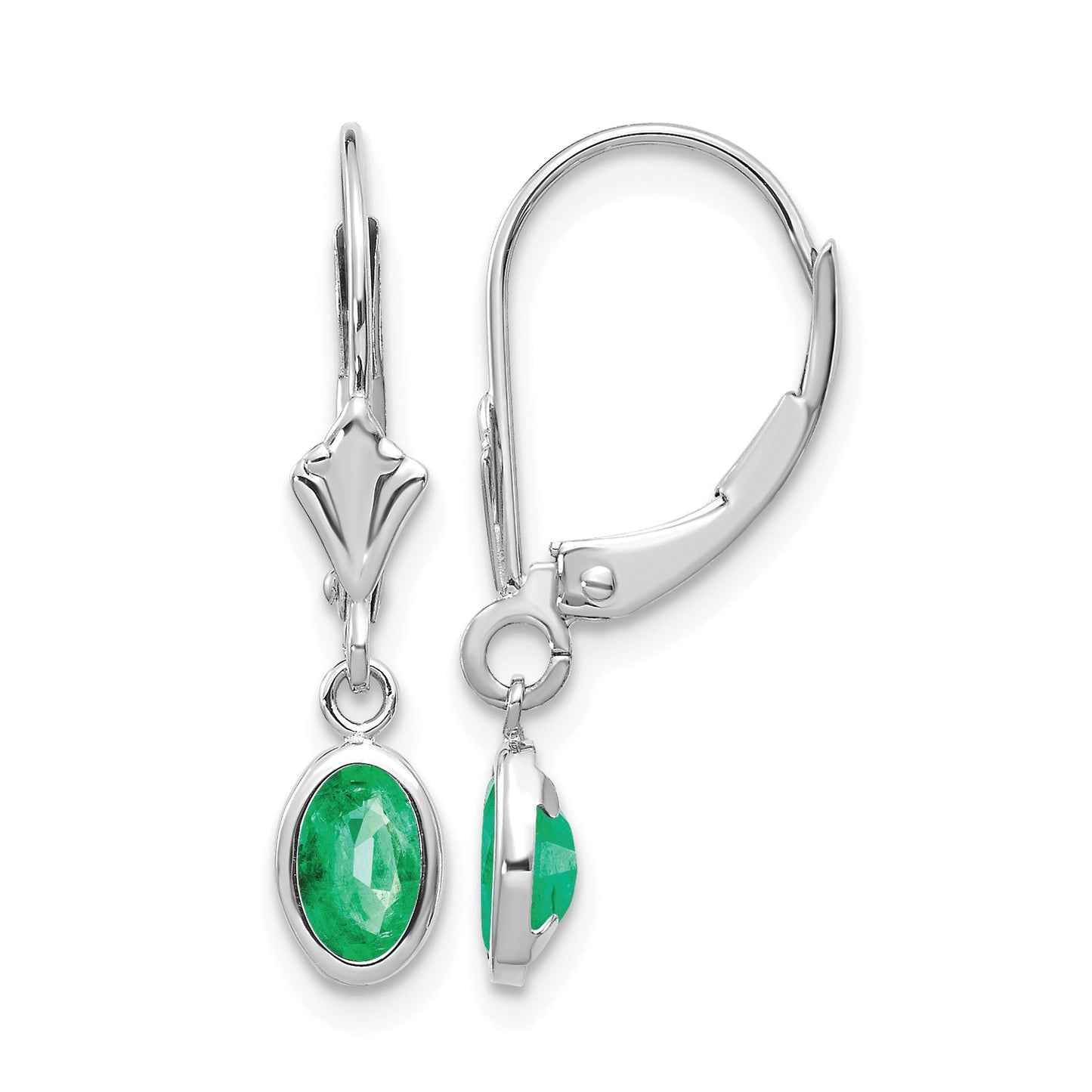 14k White Gold 6x4 Oval Bezel May/Emerald Leverback Earrings