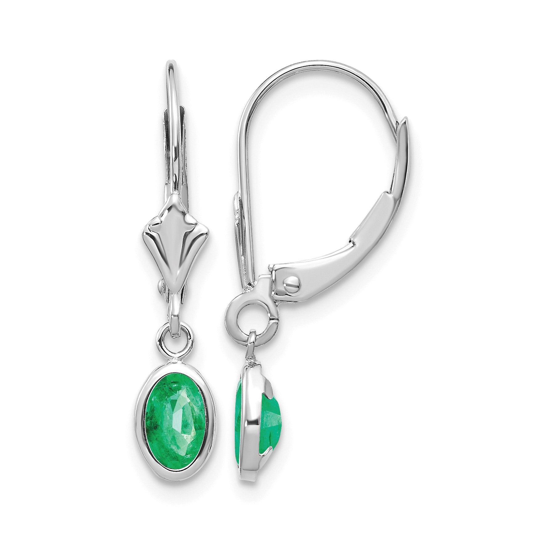 14k White Gold 6x4 Oval Bezel May/Emerald Leverback Earrings