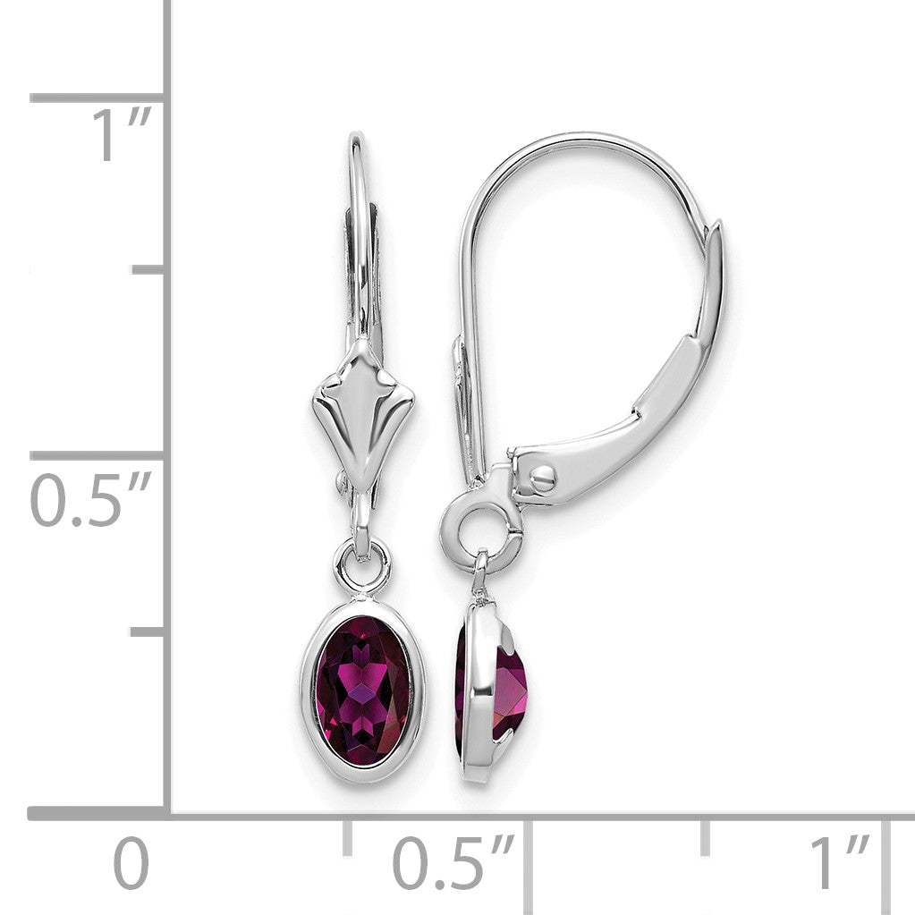 14k White Gold 6x4 Oval Bezel June/Rhodolite Garnet Leverback Earrings