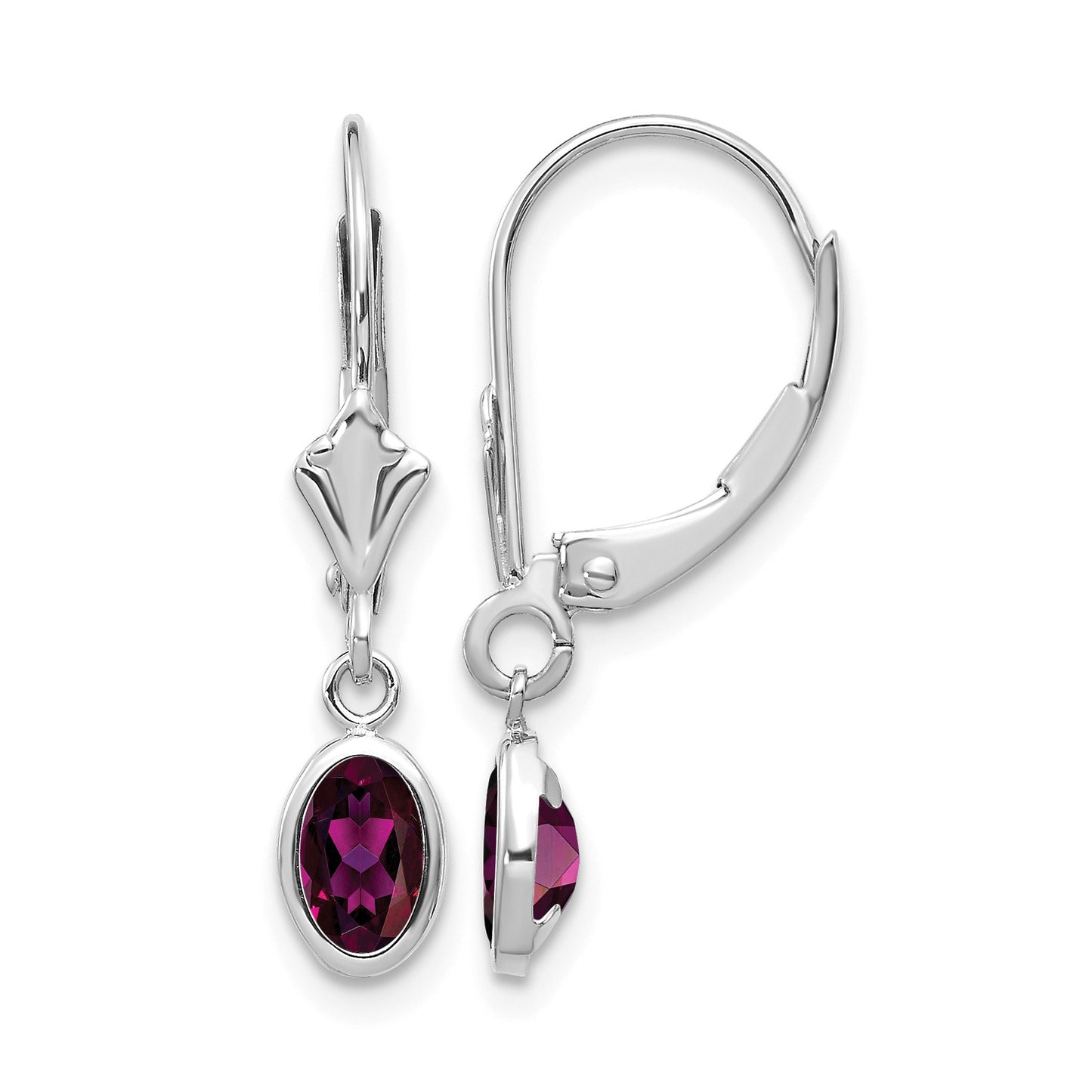 14k White Gold 6x4 Oval Bezel June/Rhodolite Garnet Leverback Earrings