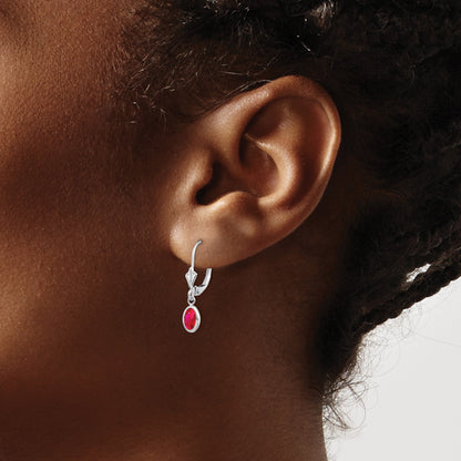 14k White Gold 6x4 Oval Bezel July/Ruby Leverback Earrings