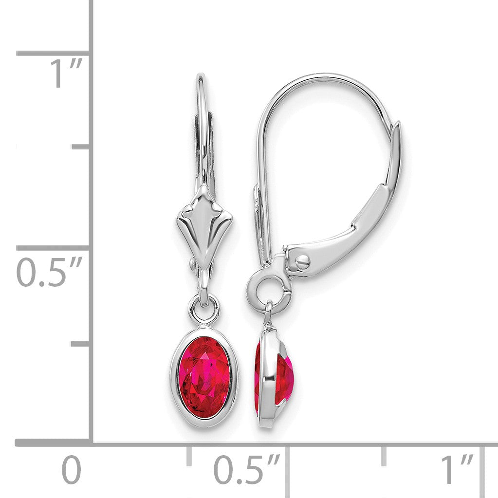 14k White Gold 6x4 Oval Bezel July/Ruby Leverback Earrings