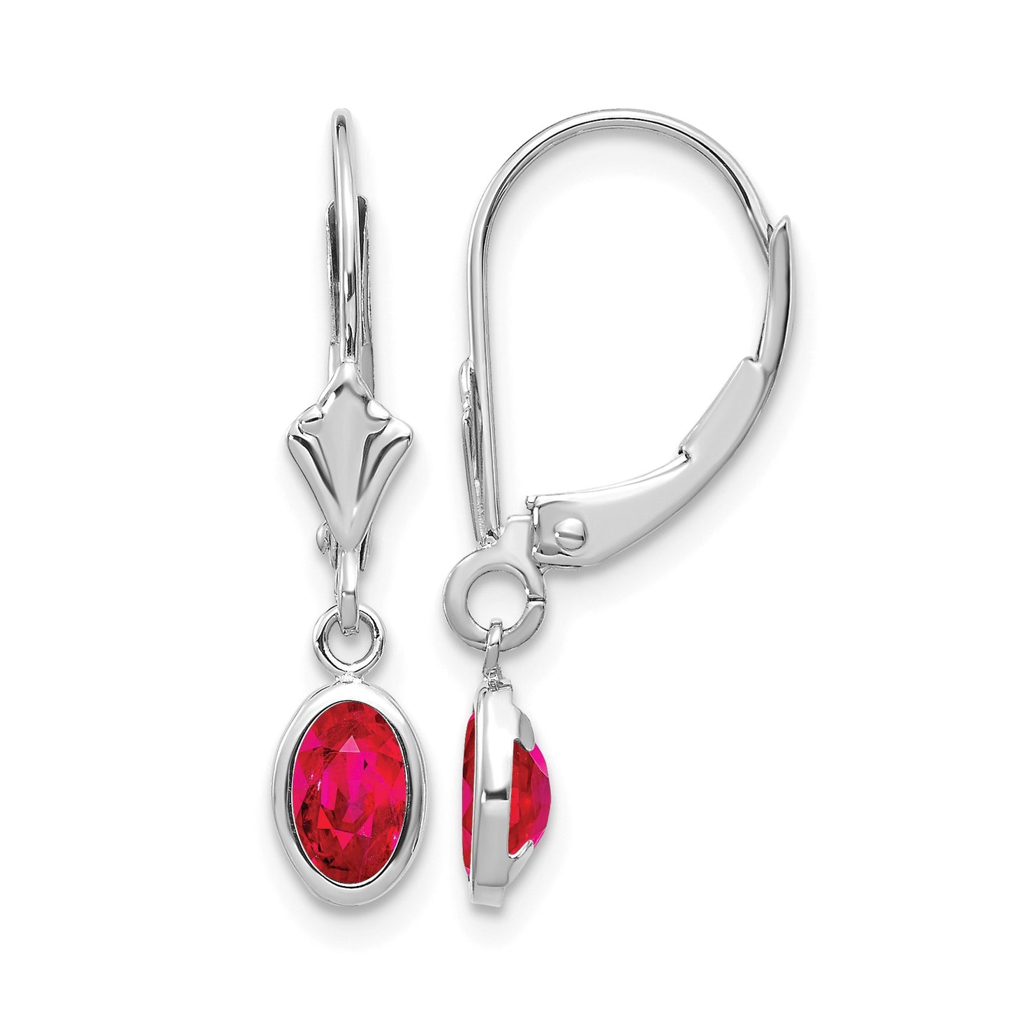 14k White Gold 6x4 Oval Bezel July/Ruby Leverback Earrings
