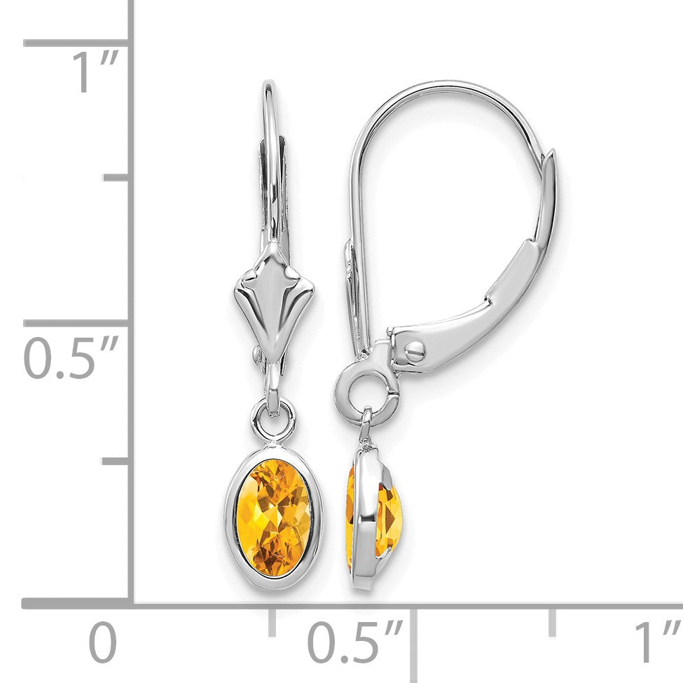 14k White Gold 6x4 Oval Bezel November/Citrine Leverback Earrings