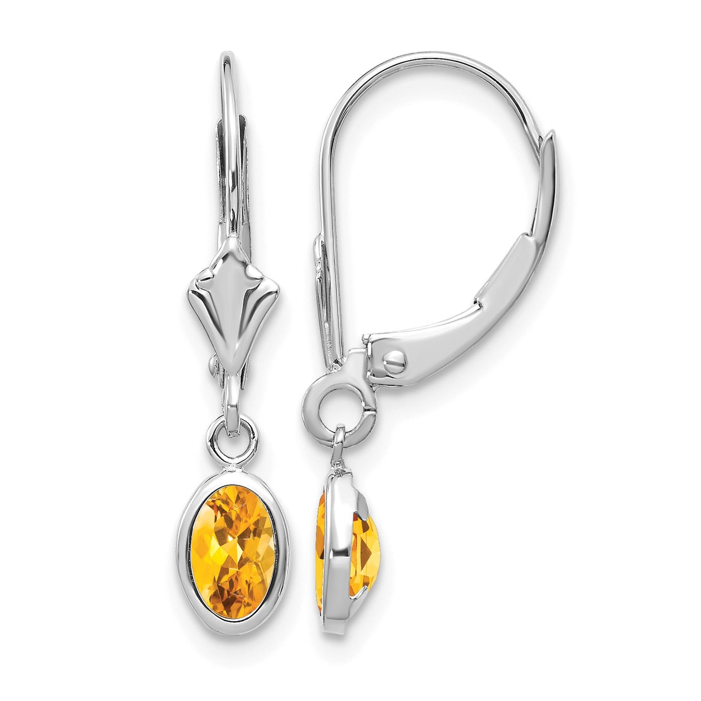 14k White Gold 6x4 Oval Bezel November/Citrine Leverback Earrings