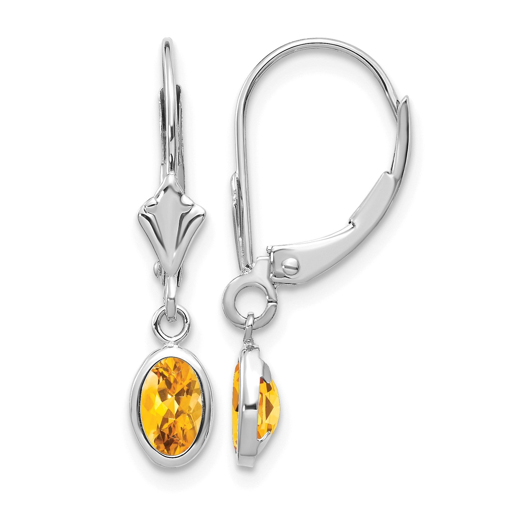 14k White Gold 6x4 Oval Bezel November/Citrine Leverback Earrings