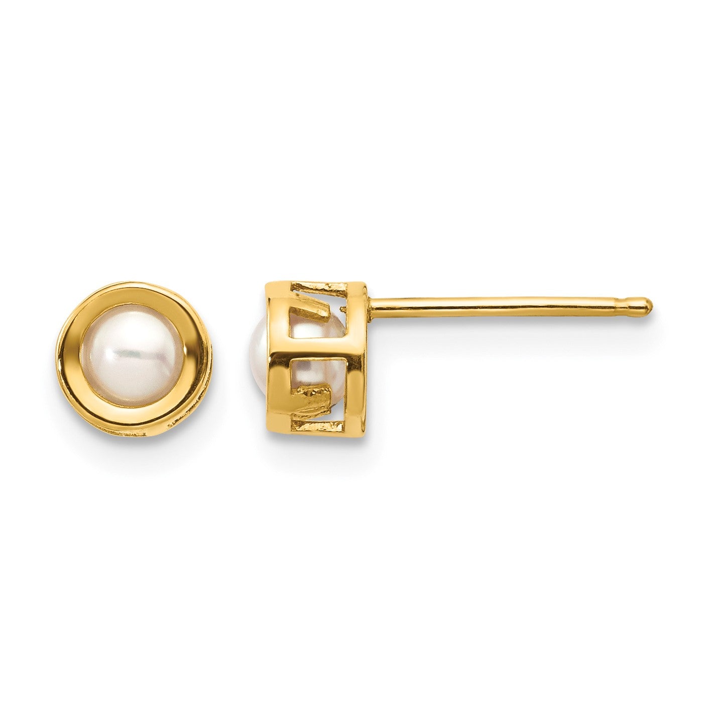 14k 4mm Round Bezel June/Freshwater Cultured Pearl Post Earrings