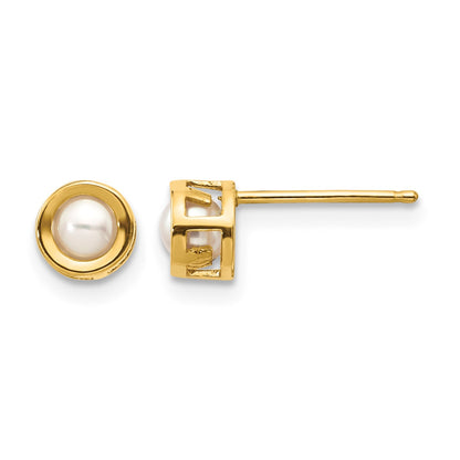 14k 4mm Round Bezel June/Freshwater Cultured Pearl Post Earrings