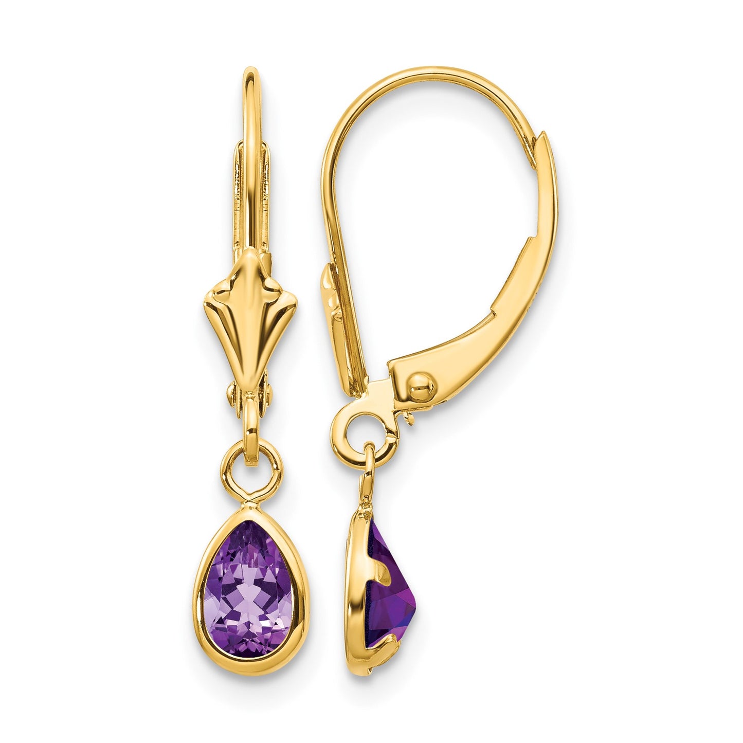 14k 6x4mm Pear Bezel February/Amethyst Leverback Earrings