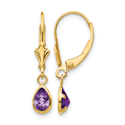 14k 6x4mm Pear Bezel February/Amethyst Leverback Earrings