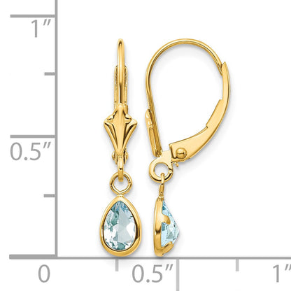 14k 6x4mm Pear Bezel March/Aquamarine Leverback Earrings