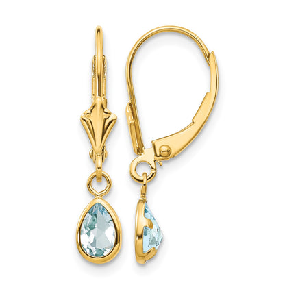 14k 6x4mm Pear Bezel March/Aquamarine Leverback Earrings