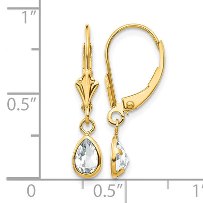 14k 6x4mm Pear Bezel April/White Topaz Leverback Earrings