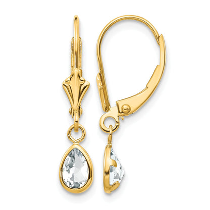 14k 6x4mm Pear Bezel April/White Topaz Leverback Earrings