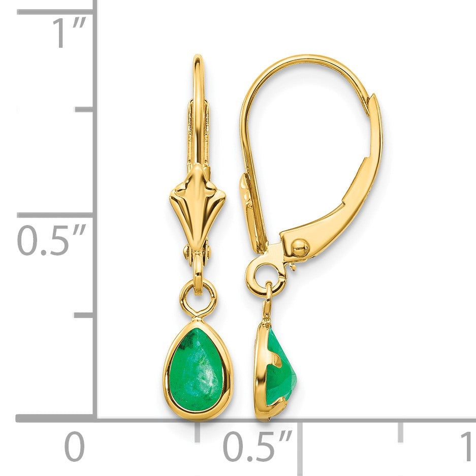 14k 6x4mm Pear Bezel May/Emerald Leverback Earrings
