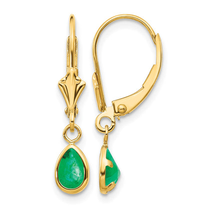 14k 6x4mm Pear Bezel May/Emerald Leverback Earrings