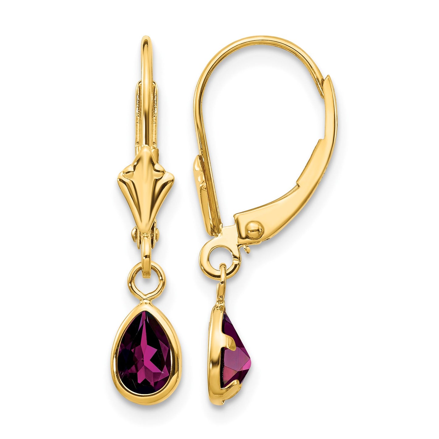 14k 6x4mm Pear Bezel June/Rhodolite Garnet Leverback Earrings
