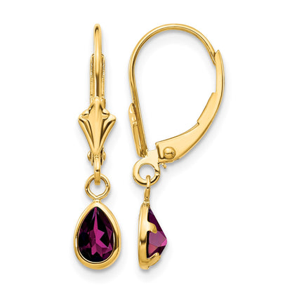 14k 6x4mm Pear Bezel June/Rhodolite Garnet Leverback Earrings
