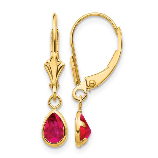 14k 6x4mm Pear Bezel July/Ruby Leverback Earrings