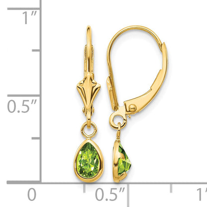 14k 6x4mm Pear Bezel August/Peridot Leverback Earrings