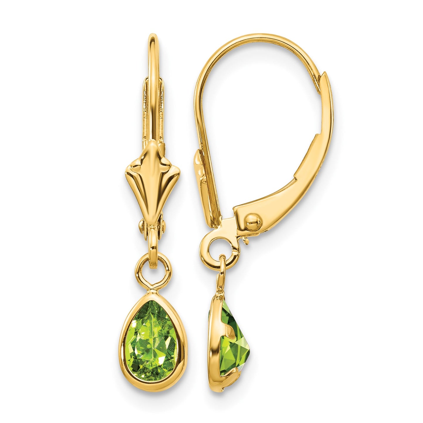 14k 6x4mm Pear Bezel August/Peridot Leverback Earrings
