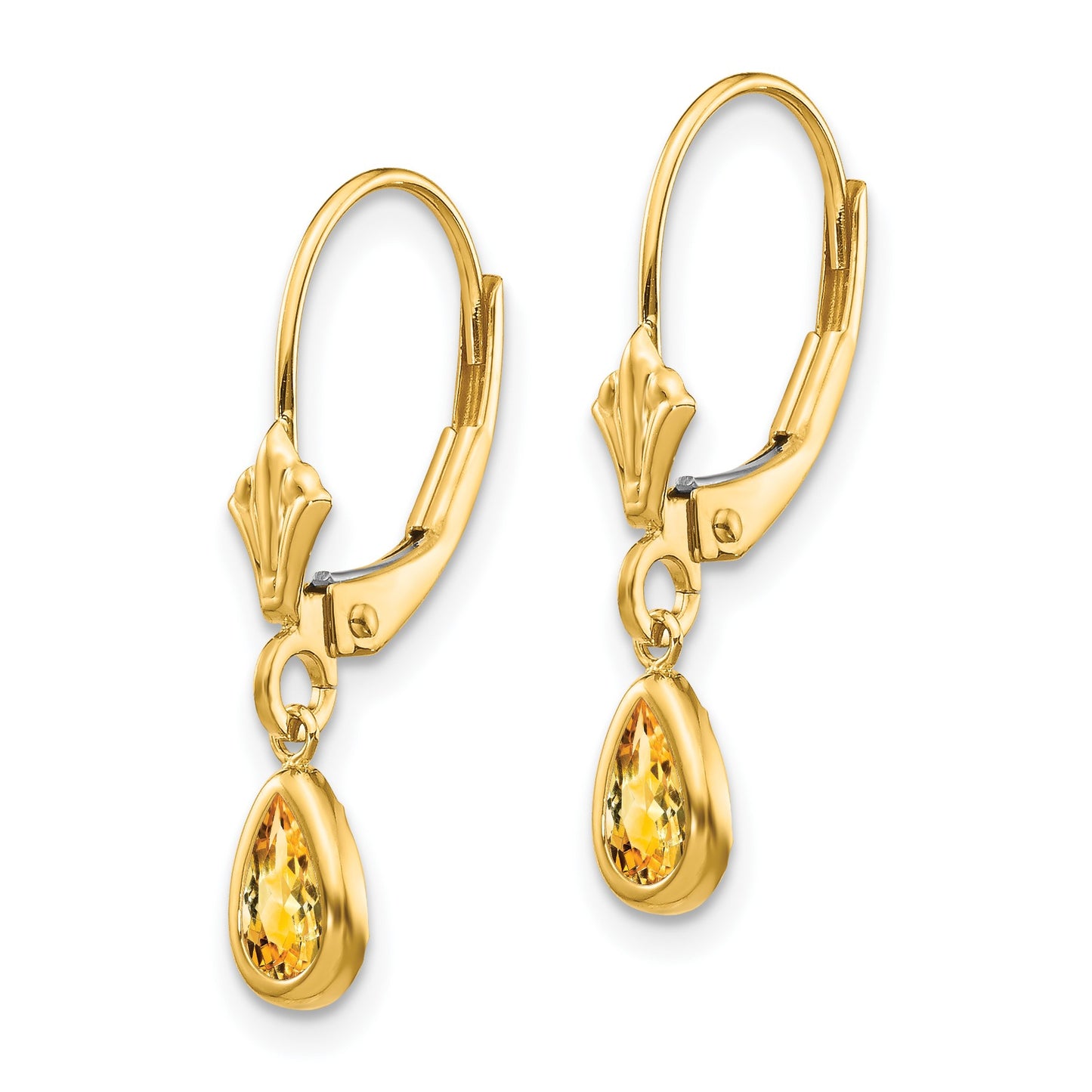 14k 6x4mm Pear Bezel November/Citrine Leverback Earrings