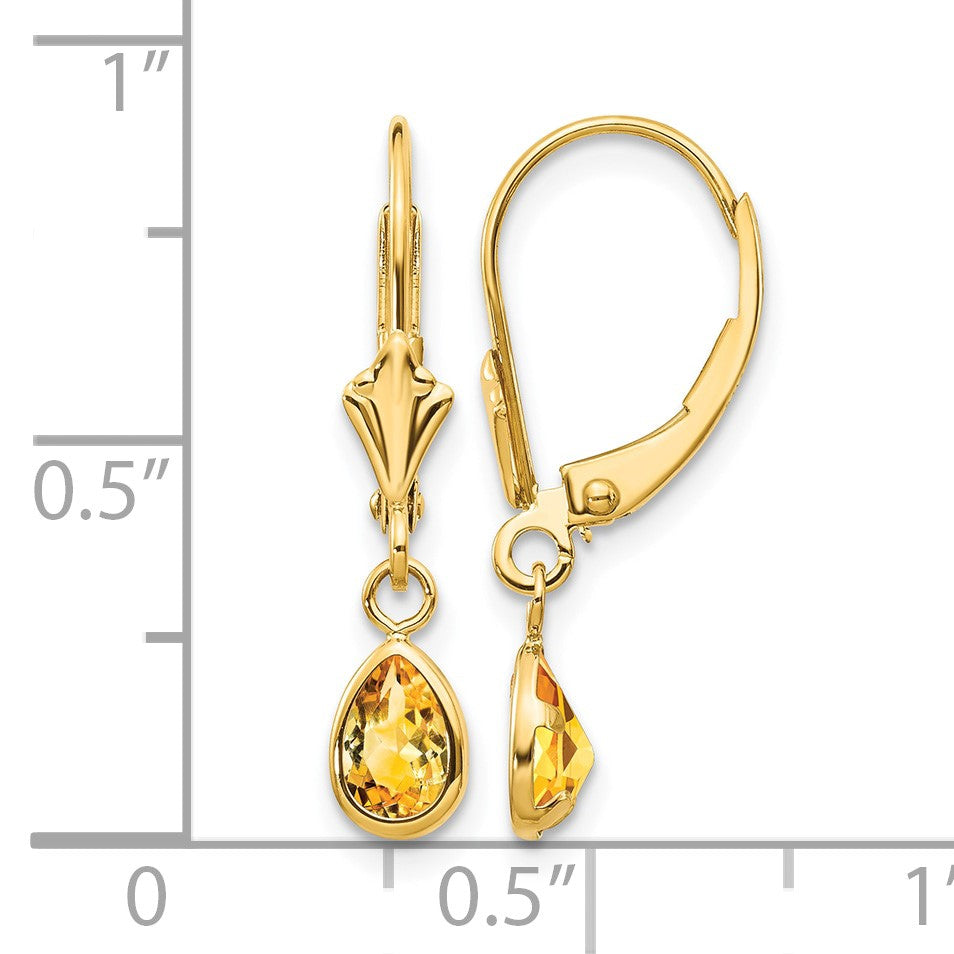14k 6x4mm Pear Bezel November/Citrine Leverback Earrings