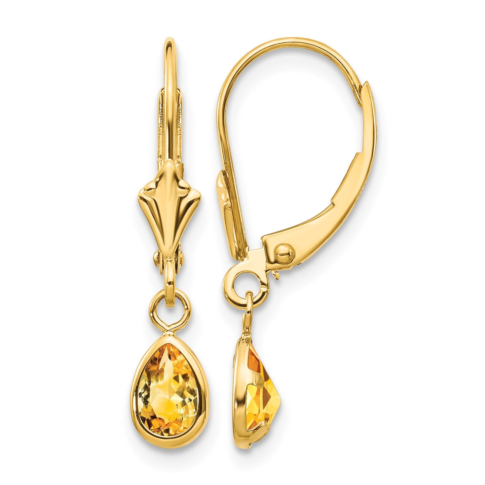 14k 6x4mm Pear Bezel November/Citrine Leverback Earrings
