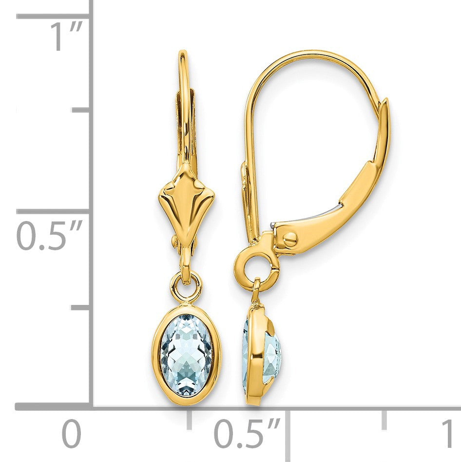 14k 6x4 Oval Bezel March/Aquamarine Leverback Earrings