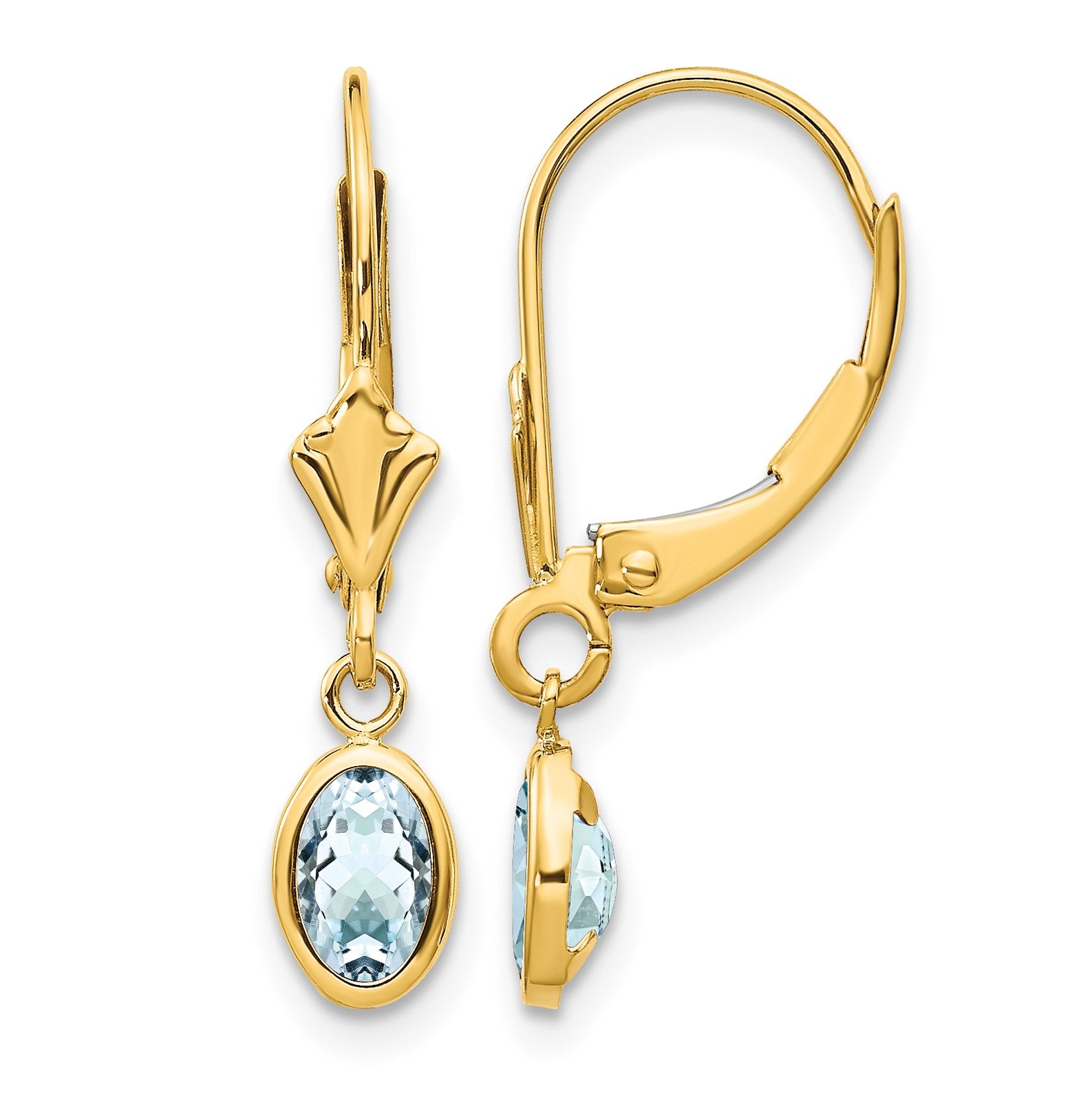 14k 6x4 Oval Bezel March/Aquamarine Leverback Earrings