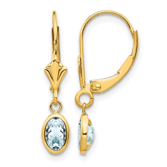 14k 6x4 Oval Bezel March/Aquamarine Leverback Earrings