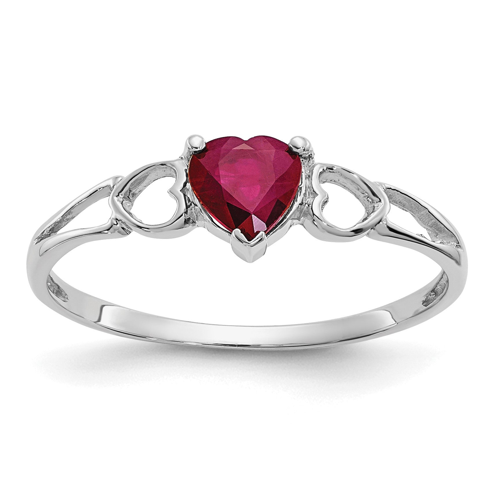14k White Gold 5mm Heart Ruby Birthstone Ring