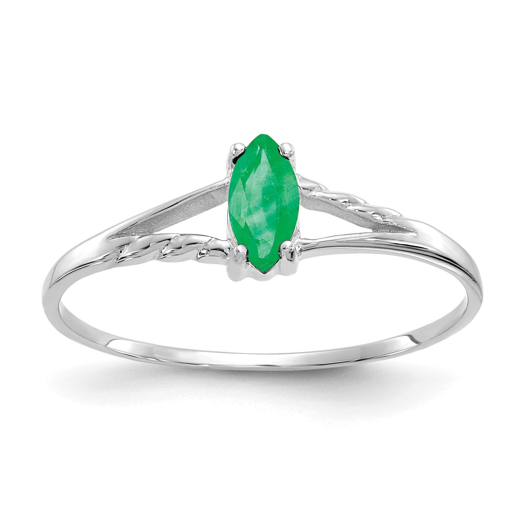 14k White Gold 6x3 Marquise Emerald Birthstone Ring