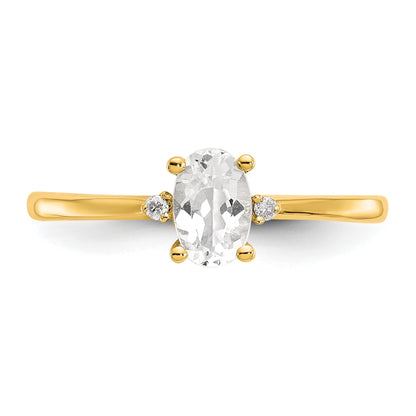 14k Diamond and 6x4 Oval White Topaz Birthstone Ring