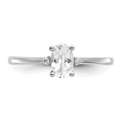 14k White Gold Diamond and 6x4 Oval White Topaz Birthstone Ring