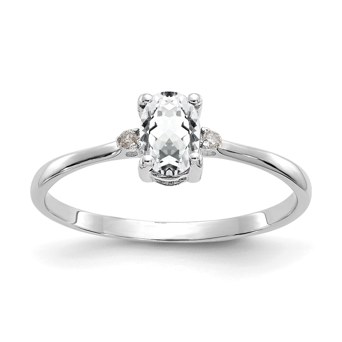 14k White Gold Diamond and 6x4 Oval White Topaz Birthstone Ring