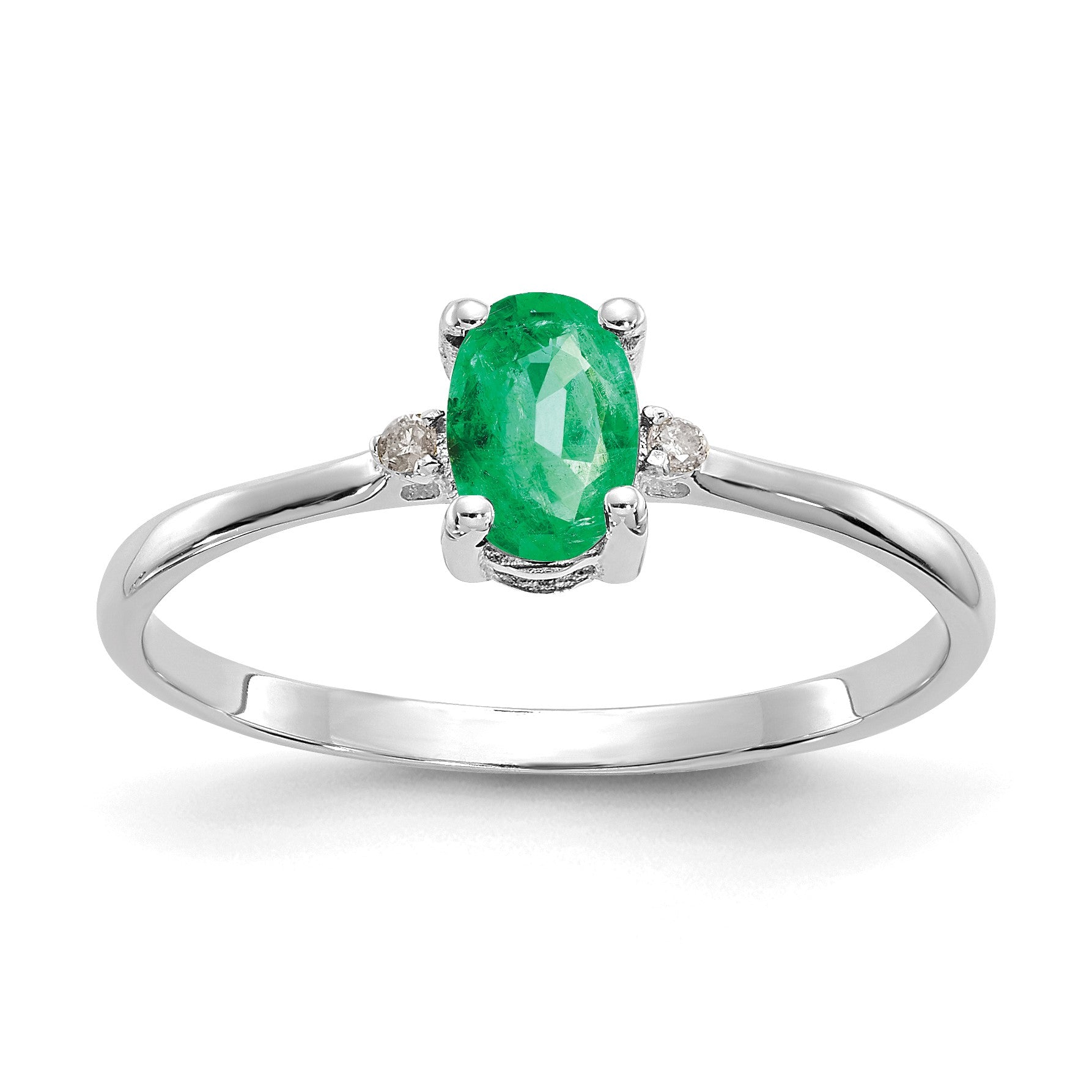 14k White Gold Diamond and 6x4 Oval Emerald Birthstone Ring