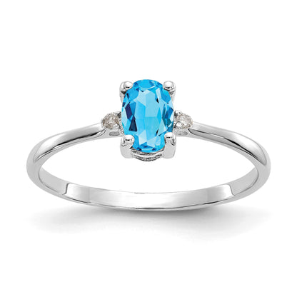 14k White Gold Diamond and 6x4 Oval Blue Topaz Birthstone Ring