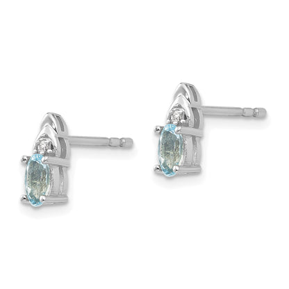 14k White Gold 5x3 Oval March/Aquamarine and Diamond Post Earrings