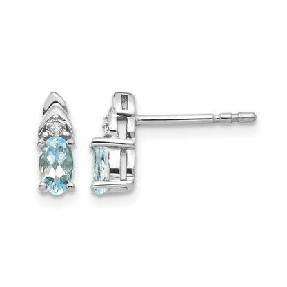 14k White Gold 5x3 Oval March/Aquamarine and Diamond Post Earrings