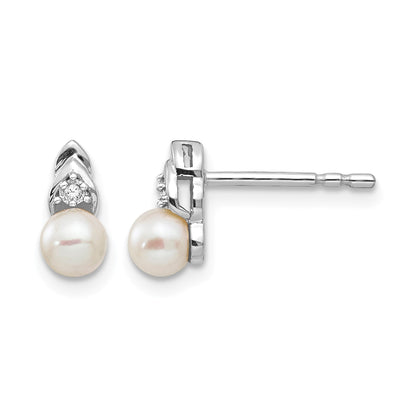 14k White Gold 4.5mm June/Freshwater Cultured Pearl and Diamond Post Earrings