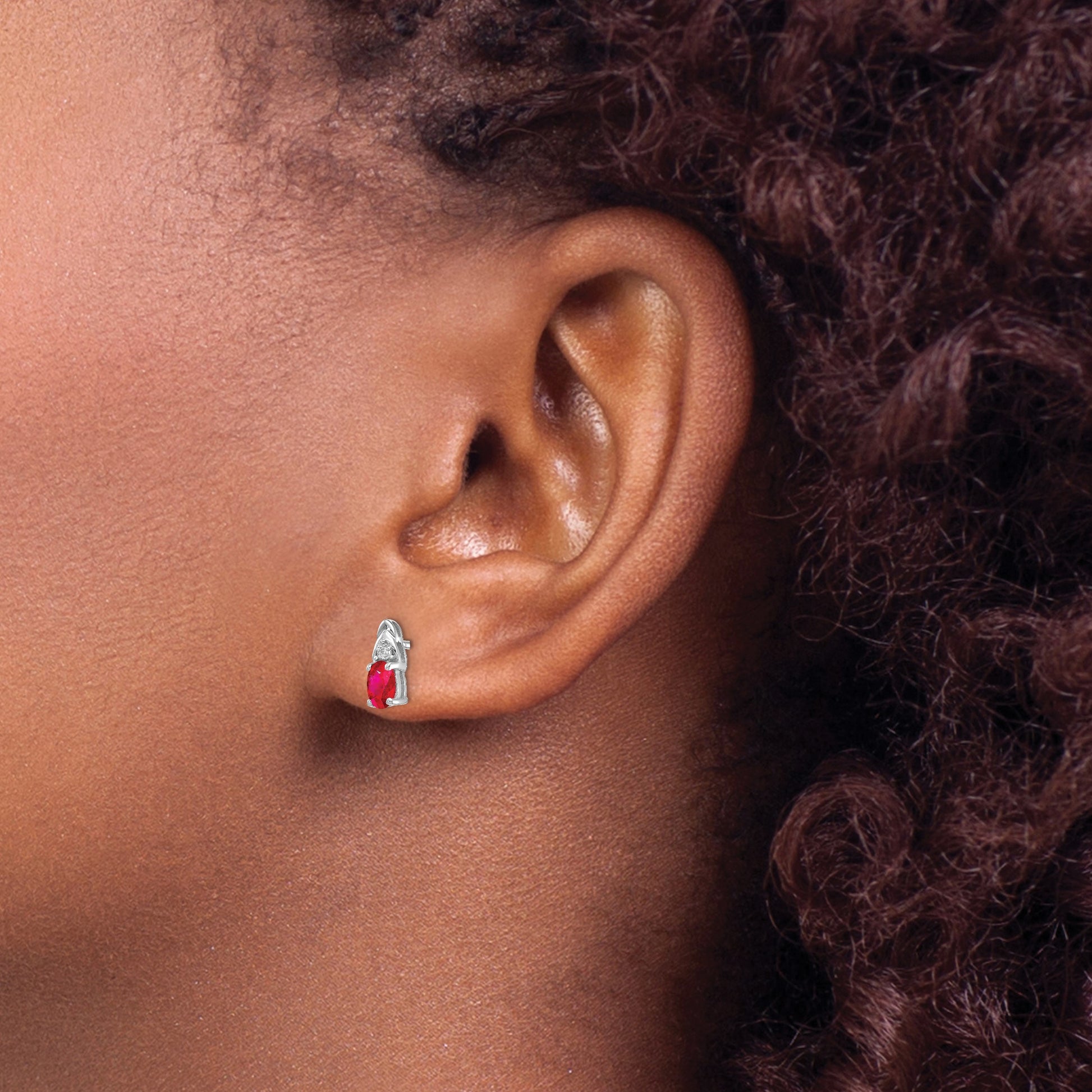14k White Gold 5x3 Oval July/Ruby and Diamond Post Earrings