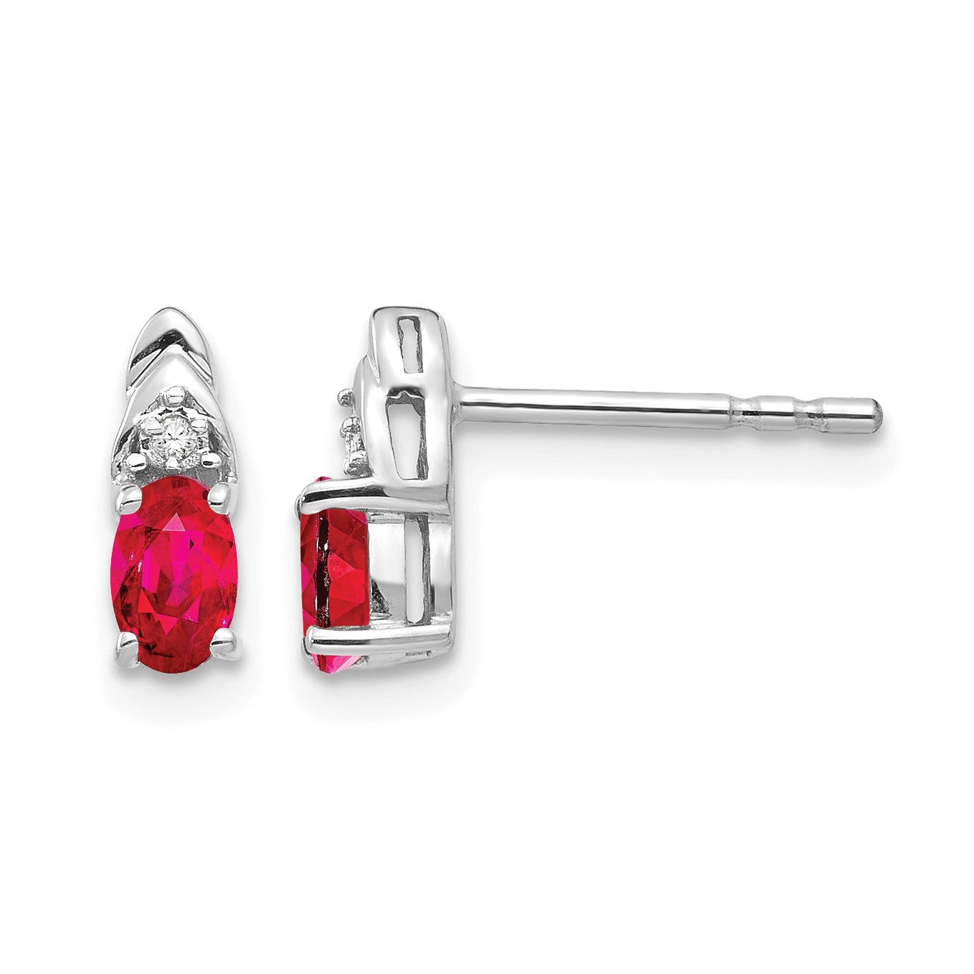 14k White Gold 5x3 Oval July/Ruby and Diamond Post Earrings
