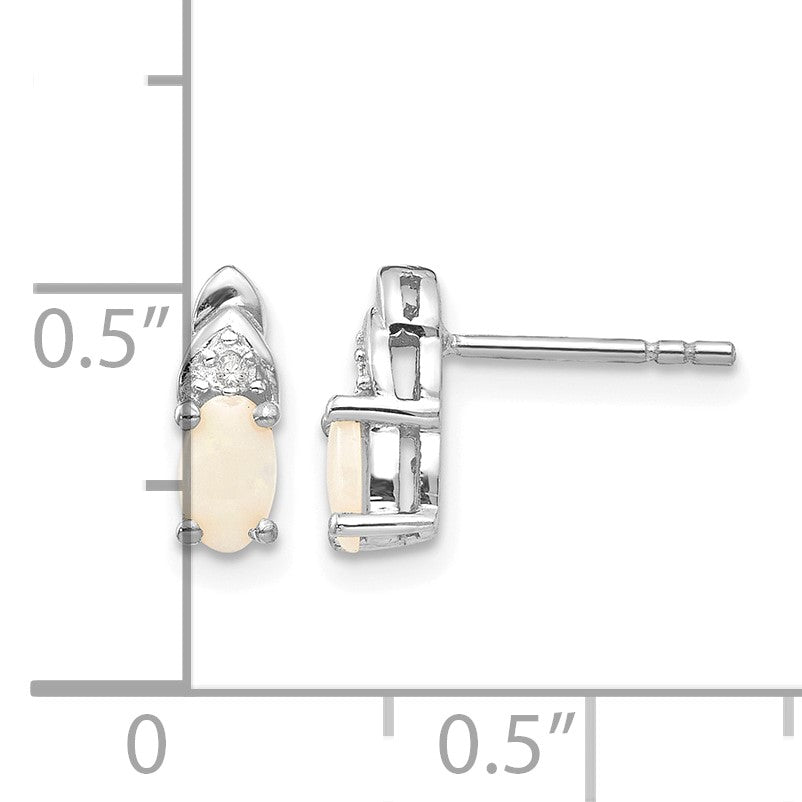 14k White Gold 5x3 Oval October/Opal and Diamond Post Earrings