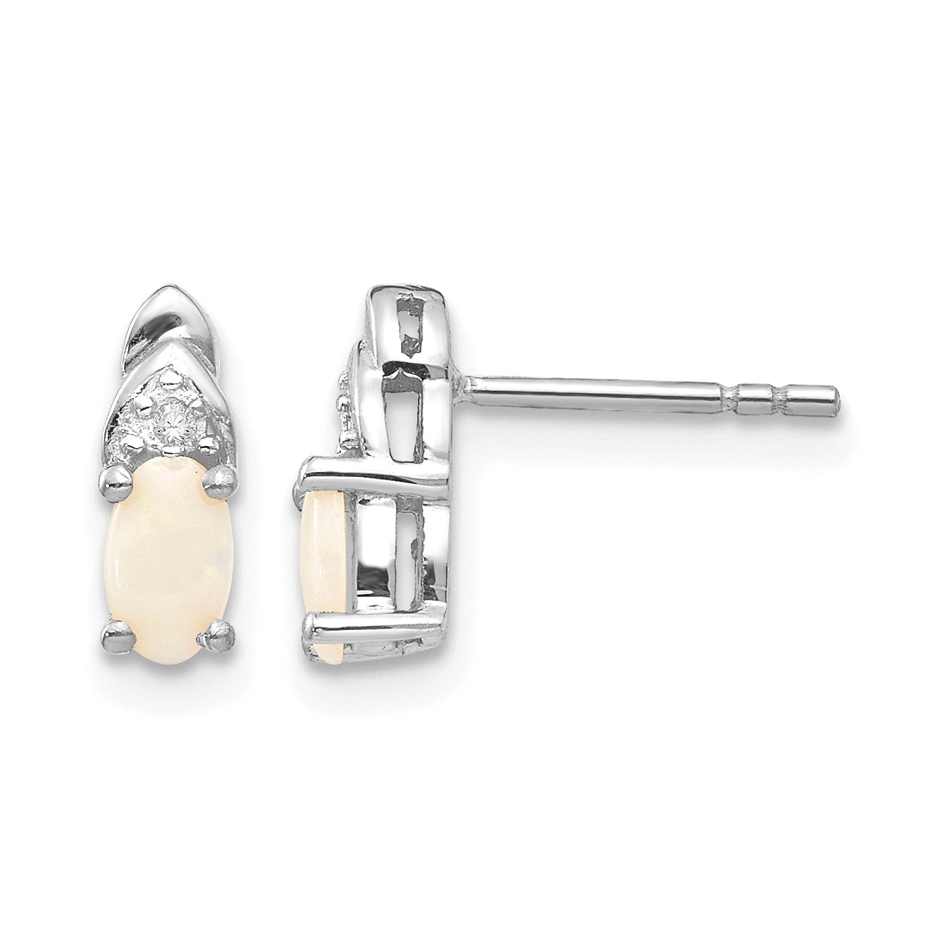 14k White Gold 5x3 Oval October/Opal and Diamond Post Earrings