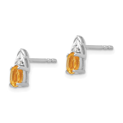 14k White Gold 5x3 Oval November/Citrine and Diamond Post Earrings