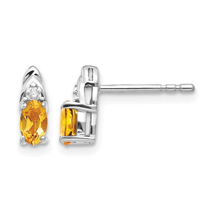14k White Gold 5x3 Oval November/Citrine and Diamond Post Earrings