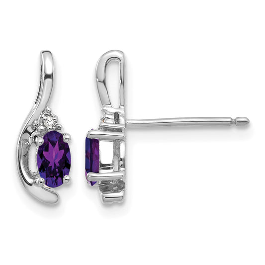 14k White Gold 5x3 Oval February/Amethyst and Diamond Post Earrings