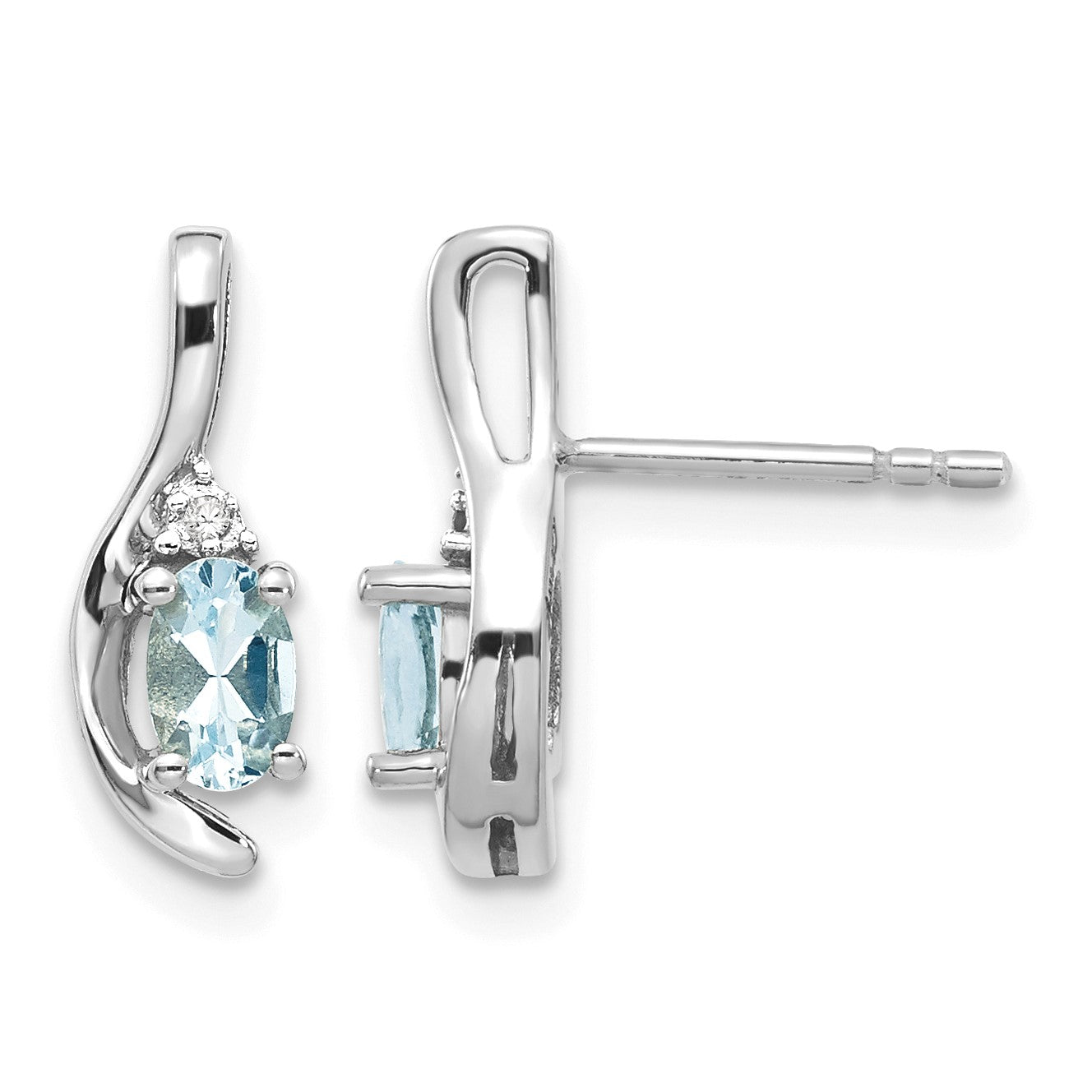 14k White Gold 5x3 Oval March/Aquamarine and Diamond Post Earrings
