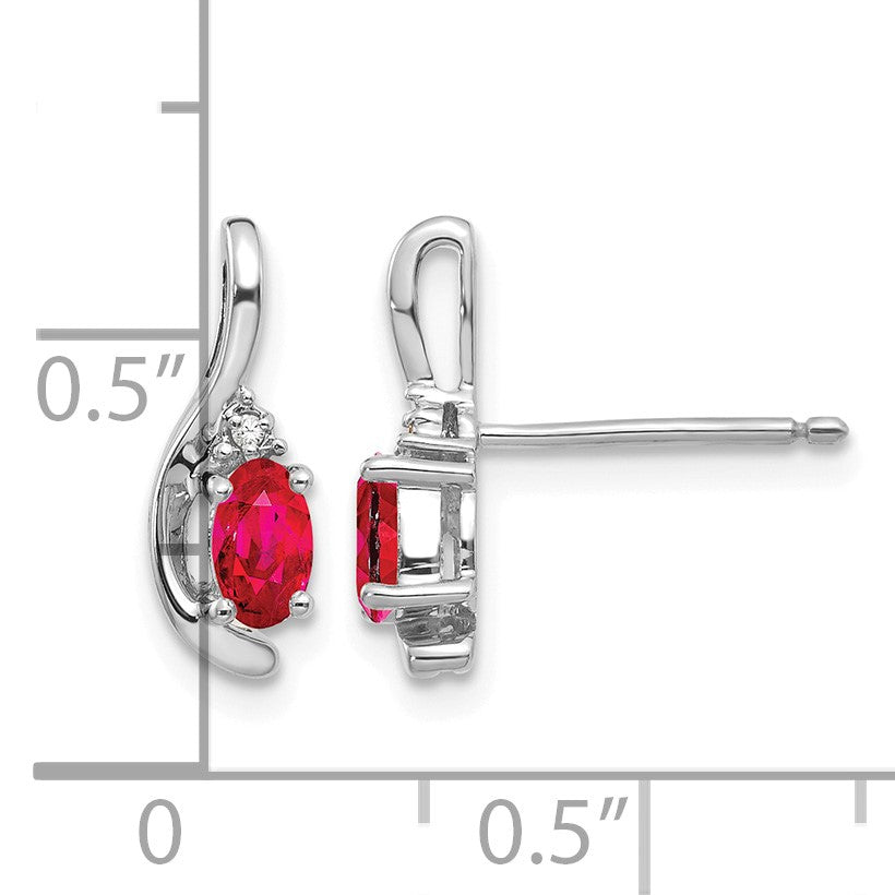 14k White Gold 5x3 Oval July/Ruby and Diamond Post Earrings